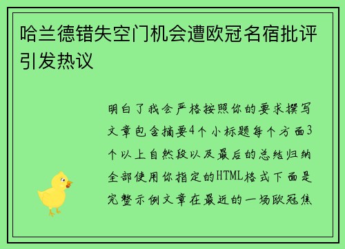 哈兰德错失空门机会遭欧冠名宿批评引发热议