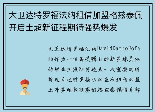 大卫达特罗福法纳租借加盟格兹泰佩开启土超新征程期待强势爆发