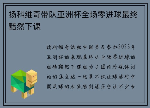 扬科维奇带队亚洲杯全场零进球最终黯然下课