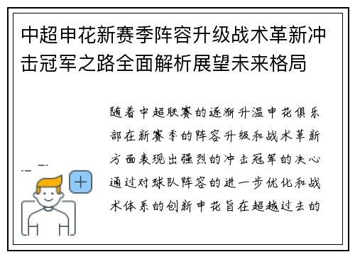 中超申花新赛季阵容升级战术革新冲击冠军之路全面解析展望未来格局